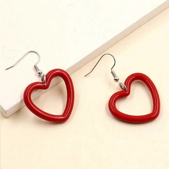 Red Heart Earrings Resin Heart Shaped Earrings Silver Hook Closure Heart Earring - Picture 2 of 7